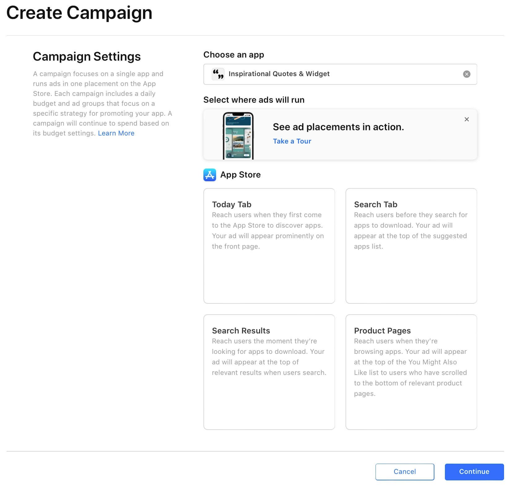 Apple Search Ads - search results campaign