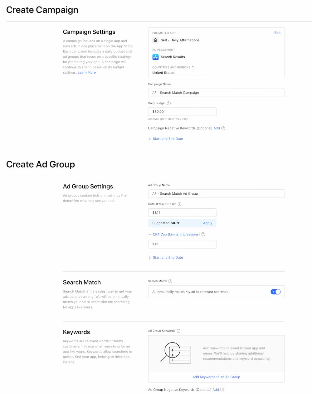 Apple Search Ads - Advanced setup step 2